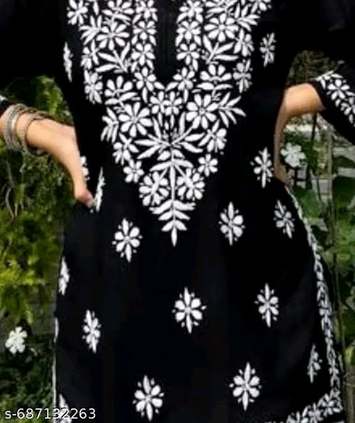 black short kurti featuring intricate white floral Chikankari