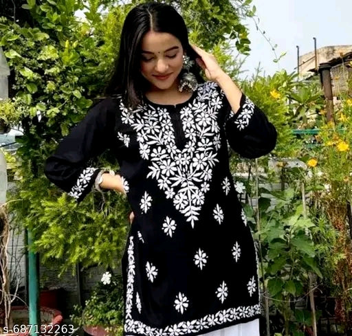 black short kurti featuring intricate white floral Chikankari