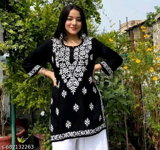 black short kurti featuring intricate white floral Chikankari